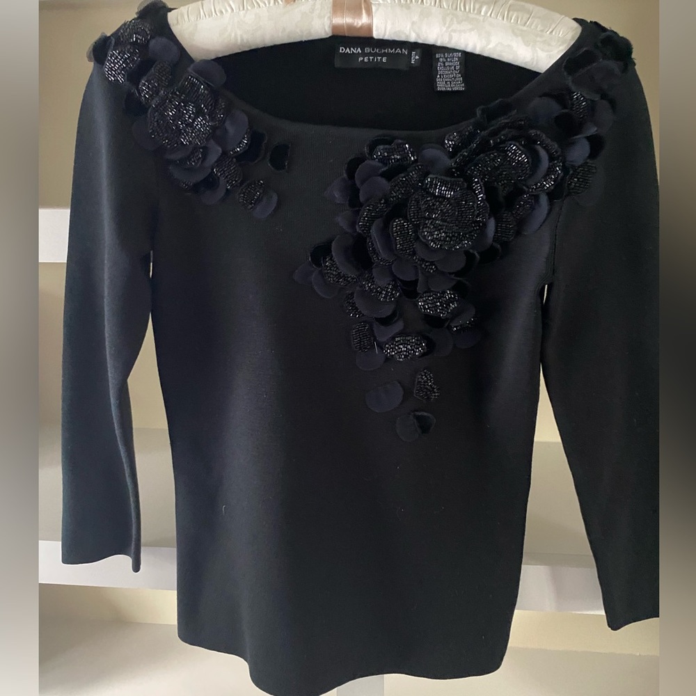 Dana Buchman Black Top with 3d Flowers